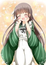 Rule 34 | 1girl, :d, ^ ^, ama usa an uniform, apron, blunt bangs, blush, brown hair, closed eyes, commentary request, facing viewer, flat chest, gochuumon wa usagi desu ka?, green eyes, green kimono, hands on own cheeks, hands on own face, highres, interlocked fingers, japanese clothes, kimono, long hair, long sleeves, open mouth, own hands together, polka dot trim, smile, solo, striped clothes, striped kimono, ujimatsu chiya, white apron, wide sleeves, xenon (for achieve)