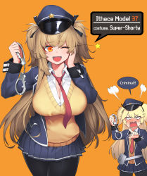 Rule 34 | 2girls, puff of air, alternate hairstyle, black legwear, blonde hair, blue eyes, blue jacket, blue skirt, blush, breasts, brown hair, cain (gunnermul), character name, cleavage, collarbone, collared shirt, commentary, cosplay, cowboy shot, cuffs, girls&#039; frontline, hair between eyes, hair ribbon, handcuffs, hat, highres, holding, jacket, large breasts, long hair, looking at viewer, m37 (girls&#039; frontline), multiple girls, necktie, one eye closed, open clothes, open jacket, open mouth, orange background, orange eyes, orange sweater, pantyhose, partially unbuttoned, peaked cap, pleated skirt, pointing, police hat, red neckwear, ribbon, shirt, simple background, skirt, sleeve cuffs, small breasts, sparkle, star (symbol), super-shorty (girls&#039; frontline), super-shorty (girls&#039; frontline) (cosplay), sweatdrop, sweater, taut clothes, two side up, very long hair, white shirt