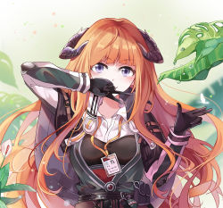 Rule 34 | 1girl, arknights, bagpipe (arknights), black gloves, blouse, chinese commentary, commentary request, gloves, head tilt, horns, id card, jacket, long hair, long sleeves, looking at viewer, orange hair, outdoors, partial commentary, pouch, purple eyes, shirt, smile, solo, upper body, white shirt, yasuna (nanjiang)