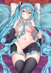 Rule 34 | 00s, 1girl, bare shoulders, black thighhighs, blue eyes, blue hair, blue necktie, blush, breasts, closed mouth, clothes pull, collared shirt, commentary request, crossed legs, detached sleeves, hair between eyes, hair ornament, hatsune miku, head on pillow, indoors, jack dempa, long hair, looking at viewer, lying, medium breasts, navel, necktie, no bra, on back, open clothes, open shirt, pillow, pleated skirt, shirt, skirt, skirt pull, smile, solo, stomach, thighhighs, twintails, very long hair, vocaloid, wide sleeves