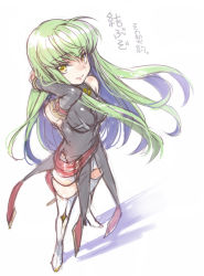 Rule 34 | 1girl, adjusting hair, boots, c.c., code geass, creayus, detached sleeves, green eyes, long hair, looking at viewer, perspective, shiny clothes, smile, solo, standing, thigh boots, thighhighs, white thighhighs, yellow eyes