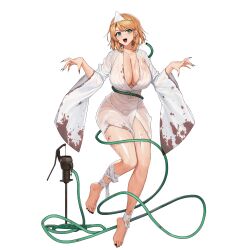 Rule 34 | 1girl, aqua eyes, bandaged ankle, barefoot, black nails, blonde hair, blood, blood on clothes, blood on leg, bow, breasts, cleavage, collarbone, evil grin, evil smile, fake blood, fingernails, floating, frost serpent (last origin), full body, ghost costume, ghost pose, grin, hair intakes, halloween, halloween costume, highres, hose, huge breasts, japanese clothes, kimono, last origin, looking at viewer, loose bandages, nail polish, naked kimono, obi, official alternate costume, official art, open mouth, sash, see-through, see-through kimono, sharp fingernails, shiroshouzoku, short hair, short kimono, simple background, smile, solo, tachi-e, teeth, third-party source, toenail polish, toenails, transparent background, triangular headpiece, tunamayo (dsasd751), v-shaped eyebrows, waist bow, water, water pump, wet, wet clothes, wet kimono, white kimono, wide sleeves
