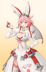 Rule 34 | 1girl, ahoge, arc system works, artist request, blush, breasts, bridal veil, cleavage, clover, dress, elphelt valentine, explosive, female focus, food, four-leaf clover, fruit, garter straps, gloves, green eyes, grenade, guilty gear, guilty gear xrd, heart, heart-shaped pupils, highres, large breasts, looking at viewer, open mouth, pink hair, ribbon, shiny skin, smile, solo, spikes, symbol-shaped pupils, thighhighs, veil, wedding dress, white dress