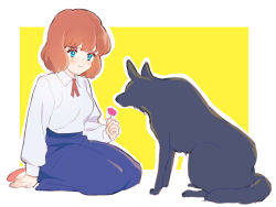 Rule 34 | 1girl, bad id, bad pixiv id, blue eyes, blush, breasts, brown hair, castle of cagliostro, clarisse de cagliostro, closed mouth, dog, dress, highres, honoboooono, lupin iii, short hair, smile