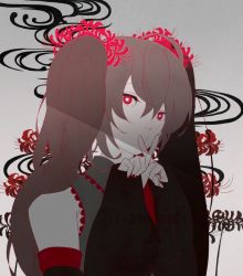 Rule 34 | 1girl, bad id, bad pixiv id, crossed fingers, detached sleeves, flower, glowing, grey hair, hair flower, hair ornament, hatsune miku, higanbana miku, kybanchou, long hair, looking at viewer, nail polish, necktie, red eyes, red nails, solo, spider lily, twintails, vocaloid, x fingers