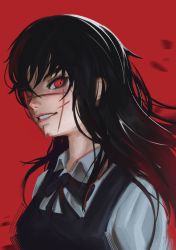 Rule 34 | 1girl, afrotunaart, black bow, blood, blood on face, bow, chainsaw man, eyelashes, facial scar, hair between eyes, highres, long eyelashes, long hair, looking at viewer, parted lips, pink lips, red background, red eyes, ribbon, scar, scar on cheek, scar on face, scar on nose, smile, solo, teeth, upper body, yoru (chainsaw man)