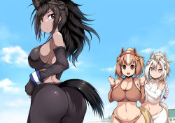 Rule 34 | 10s, 3girls, :d, alternate breast size, animal ears, ass, bare shoulders, black hair, black pants, black sports bra, blonde hair, blue sky, blush, bow, braid, breasts, brown eyes, brown hair, brown sports bra, brown thoroughbred (kemono friends), buruma, chestnut thoroughbred (kemono friends), cleavage, closed mouth, cloud, collarbone, cropped legs, dark-skinned female, dark skin, day, detached sleeves, elbow gloves, fingerless gloves, gloves, hair bow, hand on another&#039;s shoulder, horse ears, horse girl, horse tail, kemono friends, large breasts, leaning forward, long hair, long sleeves, looking at viewer, multicolored hair, multiple girls, navel, o-ring, open mouth, outdoors, pants, pantyhose, pink bow, short hair, sideboob, single braid, skindentation, sky, smile, sports bra, stomach, strap gap, streaked hair, sweatband, tail, tight clothes, tight pants, tsukasawa takamatsu, twisted torso, white hair, white sports bra, white thoroughbred (kemono friends)