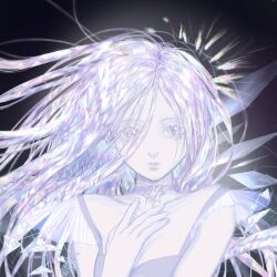Rule 34 | 1girl, choker, colored skin, diamond (gemstone), floating hair, gem, hand on own chest, highres, iridescent, long hair, looking at viewer, multicolored eyes, multicolored hair, original, pale color, personification, reicbury, see-through, see-through sleeves, solo, straight-on, upper body, white skin, wind