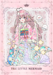 Rule 34 | 1girl, :d, ahoge, artist name, blue sash, border, crown, emo (mikan), english text, fish, floral print, flower, framed, frilled kimono, frills, gradient clothes, hair between eyes, hair flower, hair ornament, heart, heart ahoge, japanese clothes, jellyfish, kimono, lace trim, long hair, long sleeves, mermaid, monster girl, obi, open mouth, original, ornate border, pastel colors, pink background, pink flower, pink hair, pink theme, purple eyes, red ribbon, ribbon, sash, smile, traditional media, tropical fish, watermark, wide sleeves
