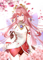Rule 34 | 1girl, absurdres, animal ears, bare shoulders, cherry blossoms, cowboy shot, detached sleeves, earrings, fox ears, fox girl, genshin impact, hair between eyes, highres, japanese clothes, jewelry, looking at viewer, nontraditional miko, pink hair, purple eyes, smile, solo, white background, yae miko, yume-dream