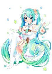 Rule 34 | 1girl, absurdres, aqua eyes, aqua hair, blush, boots, breasts, closed mouth, collarbone, detached sleeves, dress, eyes visible through hair, fairy, fairy wings, floating, floating hair, flower, frilled dress, frilled skirt, frilled sleeves, frills, goodsmile racing, green skirt, hair flower, hair ornament, hatsune miku, high heel boots, high heels, highres, index finger raised, long hair, looking at viewer, medium breasts, multicolored hair, necktie, pointing, race queen, racing miku, racing miku (2017), sideboob, skirt, smile, solo, thigh boots, thigh strap, thighhighs, twintails, very long hair, vocaloid, white background, white dress, white footwear, white thighhighs, wing hair ornament, wings