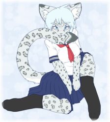 Rule 34 | artist request, blue eyes, blue hair, furry, school uniform, short hair, snow leopard, socks