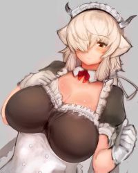 Rule 34 | 1girl, alternate costume, animal ears, apron, black horns, blonde hair, blush, breasts, brown eyes, cleavage, closed mouth, detached collar, dutch angle, enmaided, extra ears, gloves, grey background, grey horns, hair over one eye, hair ribbon, hand on own chest, hands up, highres, horns, huge breasts, kemono friends, kemono friends 3, long hair, looking down, maid, maid apron, maid headdress, multicolored horns, ox ears, ox horns, puffy short sleeves, puffy sleeves, ribbon, shibori kasu, short sleeves, sidelocks, simple background, sketch, solo, underbust, upper body, waist apron, white apron, white horns, yak (kemono friends)