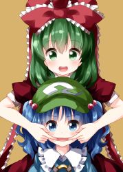 Rule 34 | 2girls, :d, blue eyes, blue hair, blue shirt, blush, cabbie hat, commentary request, dress, fingersmile, frilled ribbon, frilled shirt collar, frills, green eyes, green hair, green headwear, hair between eyes, hair bobbles, hair ornament, hat, highres, kagiyama hina, kawashiro nitori, key, looking at viewer, mouth pull, multiple girls, open mouth, portrait, puffy short sleeves, puffy sleeves, red dress, red ribbon, ribbon, ruu (tksymkw), shirt, short hair, short sleeves, simple background, smile, touhou, two side up, yellow background