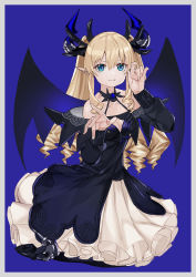 Rule 34 | 1girl, :3, bare shoulders, black dress, blue background, blue eyes, border, breasts, cleavage, closed mouth, dress, drill hair, fang, fang out, fingernails, hands up, highres, horns, long hair, long sleeves, looking at viewer, luicent, medium breasts, off-shoulder dress, off shoulder, original, pointy ears, simple background, skirt, smile, solo, twintails, white border, white skirt, wings