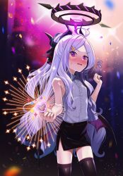 Rule 34 | 1girl, ahoge, bare arms, bare shoulders, bat wings, black skirt, black wings, blue archive, blush, breasts, center frills, commentary request, confetti, demon horns, flying sweatdrops, frills, hair ornament, hair over shoulder, hairclip, halo, highres, hina (blue archive), horns, long hair, looking at viewer, low wings, miniskirt, nose blush, parted bangs, pencil skirt, purple eyes, purple thighhighs, shirt, side slit, sidelocks, skinny, skirt, sleeveless, sleeveless shirt, small breasts, solo, suppa (hagakuresuppa), thighhighs, very long hair, white hair, white shirt, wings, zettai ryouiki