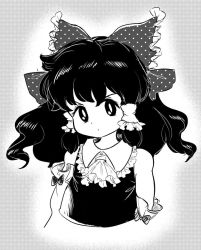 Rule 34 | 1980s (style), 1girl, ascot, bad id, bad twitter id, bow, collared vest, commentary request, detached sleeves, frilled bow, frills, greyscale, hair tubes, hakurei reimu, highres, long sleeves, looking at viewer, medium hair, monochrome, oldschool, polka dot, polka dot bow, retro artstyle, takemoto izumi (style), touhou, upper body, vest, wavy hair, yatyou
