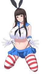 Rule 34 | 1girl, black eyes, black hair, black hairband, black neckerchief, black panties, blue sailor collar, blue skirt, blunt bangs, breasts, character request, commentary request, cosplay, crop top, elbow gloves, gloves, hairband, haruichi (komikal), highleg, highleg panties, highres, kantai collection, kneeling, large breasts, long hair, looking at viewer, microskirt, miniskirt, neckerchief, panties, panty pull, pleated skirt, sailor collar, shimakaze (kancolle), shimakaze (kancolle) (cosplay), simple background, skirt, solo, striped clothes, striped thighhighs, thighhighs, underwear, white background, white gloves
