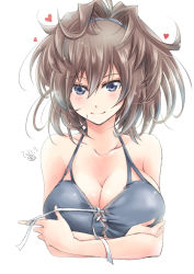 Rule 34 | 1girl, alternate breast size, alternate costume, bikini, bikini top only, black bikini, blue eyes, breast hold, breasts, brown hair, cleavage, dated, heart, kantai collection, large breasts, long hair, matsuura@parao, messy hair, sheffield (kancolle), simple background, smile, swimsuit, upper body, white background