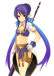 Rule 34 | 00s, 1girl, blue hair, gloves, hand on own hip, hip focus, judith (tales), long hair, midriff, pointy ears, polearm, purple eyes, smile, solo, spear, tales of (series), tales of vesperia, weapon, white gloves, yuzuki (yuduame)