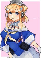 Rule 34 | 1girl, absurdres, alternate hair length, alternate hairstyle, blonde hair, blue shirt, blush, breasts, cleavage, double bun, fletcher (kancolle), fletcher mk ii (kancolle), gloves, hair bun, hair ornament, hairband, headphones, highres, kantai collection, large breasts, neckerchief, off shoulder, pleated skirt, pouch, purple eyes, shirt, short hair, sidelocks, simple background, skirt, smile, solo, star (symbol), star hair ornament, toriniku senshi chikinman, two-tone background, white gloves, white skirt, yellow neckerchief