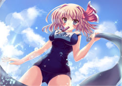 Rule 34 | 1girl, aged up, alternate breast size, bad hands, blonde hair, blue eyes, breasts, embodiment of scarlet devil, artistic error, female focus, food, from below, hair ribbon, large breasts, lens flare, mouth hold, one-piece swimsuit, popsicle, ribbon, rumia, s black, school swimsuit, short hair, solo, swimsuit, touhou, towel, water, wrong hand