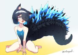 Rule 34 | 1girl, animal ear fluff, animal ears, artist name, between legs, black hair, blue hair, blue one-piece swimsuit, blue sclera, cat ears, colored inner hair, colored sclera, fang, full body, grey background, hair over one eye, hand between legs, highres, large tail, looking at viewer, mikagura, multicolored hair, one-piece swimsuit, open mouth, orange eyes, original, short hair, simple background, sitting, solo, spines, swimsuit, tail, twitter username, wariza, yellow background