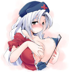 Rule 34 | 1girl, blush, grabbing another&#039;s breast, breasts, clipboard, fuurisuto, grabbing, grey eyes, hat, highres, large breasts, nurse cap, open clothes, silver hair, smile, solo, touhou, upper body, yagokoro eirin