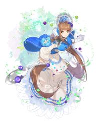Rule 34 | 1girl, absurdres, blue bow, blue dress, blueberry hair ornament, bonnet, bow, breasts, brown hair, dress, food fantasy, food-themed hair ornament, full body, green eyes, hair ornament, highres, huge filesize, large breasts, leaf, long hair, looking at viewer, simple background, sitting, solo, spoon, tiramisu (food fantasy), very long hair, white background, white dress, yamijam