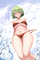 Rule 34 | 1girl, bare shoulders, belly, bikini, blue sky, breasts, cloud, collarbone, commentary request, covered erect nipples, cowboy shot, day, flower, from below, green hair, hair between eyes, hair flower, hair ornament, highres, hip focus, kazami yuuka, knees, large breasts, looking down, navel, pink lips, red bikini, red eyes, shiny skin, short hair, sky, solo, sparkle, splashing, stomach, strapless, strapless bikini, striped bikini, striped clothes, swimsuit, thick thighs, thighs, touhou, wading, wavy hair, y.u