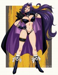 Rule 34 | 1girl, absurdres, armor, bikini, boots, breasts, cape, circlet, cleavage, gloves, highres, large breasts, long hair, naga the serpent, purple eyes, purple hair, semu elo, shoulder armor, signature, skull, slayers, solo, swimsuit, thick thighs, thighs, thong, toned