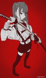 Rule 34 | 1girl, belt, belt buckle, buckle, dated, film grain, greyscale, highres, holding, holding sheath, holding sword, holding weapon, katana, long hair, monochrome, original, red background, scabbard, sheath, signature, skirt, solo, somosimosi, spot color, standing, sword, twintails, unsheathing, weapon