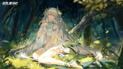 Rule 34 | 1girl, armlet, barefoot, bird, breasts, copyright name, flower, forest, full body, grass, hair flower, hair ornament, hand up, highres, lamia (punishing: gray raven), leaf, leaf hair ornament, logo, long hair, nature, official alternate costume, official art, outdoors, pointy ears, punishing: gray raven, second-party source, sitting, solo, tree, white hair