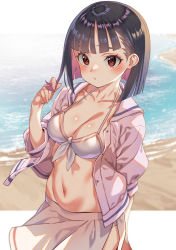 Rule 34 | 1girl, beach, bikini, black hair, blush, bob cut, breasts, cleavage, collarbone, colored inner hair, cowboy shot, do it yourself!!, twirling hair, highres, jacket, kink (tortoiseshell), looking at viewer, medium breasts, multicolored hair, navel, open clothes, open jacket, outdoors, playing with own hair, purple hair, red eyes, sand, sarong, short hair, solo, suride miku, swimsuit, two-tone hair, water