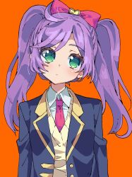 Rule 34 | 1girl, aged up, blue jacket, closed mouth, collared shirt, commentary request, green eyes, head tilt, highres, jacket, long hair, long sleeves, looking at viewer, manaka laala, necktie, orange background, paprika private academy school uniform, pink necktie, pretty series, pripara, purple hair, school uniform, shirt, simple background, solo, tsujii luki, twintails, upper body, vest, white shirt, yellow vest