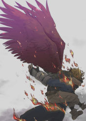 Rule 34 | 2boys, anag10p, belt, blonde hair, blue bodysuit, bodysuit, boku no hero academia, boots, commentary request, endeavor (boku no hero academia), feathered wings, fingerless gloves, fire, gloves, grey background, hawks (boku no hero academia), hug, male focus, multiple boys, outstretched arms, pants, red wings, short hair, spread wings, wings