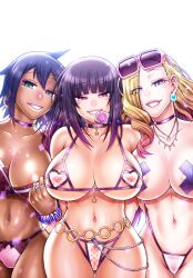 Rule 34 | 3girls, areola slip, bikini, breasts, chiba toshirou, choker, condom, condom in mouth, dark-skinned female, dark skin, earrings, highres, jewelry, large breasts, long hair, looking at viewer, mouth hold, multiple girls, pasties, smile, sunglasses, swimsuit