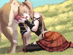 Rule 34 | 1girl, absurdres, bestiality, blonde hair, boots, censored, dog, fellatio, highres, long hair, mosaic censoring, oral, plaid, plaid skirt, red eyes, red skirt, ribbon, skirt, tagme, twintails