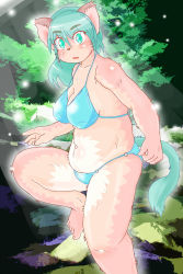 Rule 34 | 1girl, artist request, blue eyes, blue hair, bra, breasts, cat, female focus, forest, furry, furry female, highres, matching hair/eyes, nature, open mouth, outdoors, panties, plant, solo, underwear