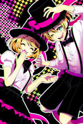 Rule 34 | 1boy, 1girl, arm up, black bow, black bowtie, black headwear, black shorts, black skirt, blonde hair, blue eyes, bonus stage (vocaloid), bow, bowtie, checkered background, chromatic aberration, closed eyes, commentary, covering own mouth, dress shirt, frilled skirt, frills, grin, hair between eyes, hat, hat bow, hat ribbon, highres, kagamine len, kagamine rin, long sleeves, nail polish, one eye closed, open mouth, parted bangs, pink bow, pink nails, pink ribbon, pink theme, polka dot, polka dot background, puffy short sleeves, puffy sleeves, ribbon, shirt, short hair, short sleeves, shorts, skirt, smile, suspender shorts, suspender skirt, suspenders, taisa piyo, top hat, vocaloid, white shirt