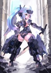 Rule 34 | 1girl, absurdres, ass, black gloves, elbow gloves, frame arms girl, from behind, gloves, headgear, highres, holding, holding sword, holding weapon, jinrai (frame arms girl), long hair, looking at viewer, looking back, mecha musume, mechanical arms, mechanical legs, orange eyes, personification, puribate (helgoland), shiny skin, silver hair, solo, standing, strapless bottom, sword, weapon