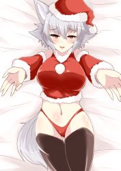 Rule 34 | 1girl, alternate costume, animal ears, black thighhighs, blush, breasts, detached sleeves, female focus, hat, inubashiri momiji, large breasts, lying, navel, on back, outstretched arms, panties, red eyes, red panties, santa costume, santa hat, sekitaku, shirt, short hair, silver hair, solo, tail, thighhighs, touhou, underwear, wolf ears, wolf tail