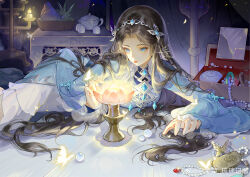Rule 34 | 1girl, absurdres, artist request, beads, blue dress, blue eyes, brown hair, candle, closed mouth, douluo dalu, dress, highres, jewelry box, long hair, long sleeves, looking down, ning rongrong (douluo dalu), second-party source, solo, table, teapot, tiara, upper body