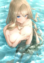Rule 34 | 1girl, absurdres, barefoot, blonde hair, blue eyes, blush, breasts, cleavage, closed mouth, collarbone, commentary request, completely nude, covering privates, covering breasts, covering crotch, day, dolphin wave, enoshito, feet out of frame, fingernails, foreshortening, from above, hair between eyes, hair intakes, hair over crotch, hand up, highres, kirahoshi kanna, large breasts, light particles, long hair, looking at viewer, looking up, navel, nude, outdoors, partially submerged, raised eyebrows, solo, sparkle, very long hair, water, water drop, wet, wet hair