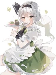 Rule 34 | 1girl, apron, ascot, back bow, black ascot, black bow, blush, bob cut, bow, collarbone, commentary request, cup, dress, eyelashes, food, frilled apron, frilled dress, frills, furrowed brow, green dress, green eyes, heart, heart print, highres, hitodama print, holding, holding tray, konpaku youmu, konpaku youmu (ghost), looking at viewer, open mouth, puffy short sleeves, puffy sleeves, sakura mochi, sash, short hair, short sleeves, silver hair, simple background, solo, sorani (kaeru0768), teacup, touhou, tray, wagashi, waist apron, white apron, white background, white sash, wing collar, wrist cuffs