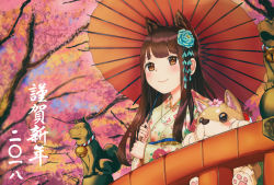 Rule 34 | 1girl, animal, animal ears, bell, blue flower, blush, brown eyes, brown hair, cherry blossoms, chinese zodiac, closed mouth, day, dog, dog ears, flower, from below, hair flower, hair ornament, japanese clothes, jingle bell, kimono, long hair, long sleeves, original, over shoulder, print kimono, railing, s.u. (simpleu818), smile, solo, statue, straight hair, translated, tree, upper body, wide sleeves, year of the dog, yellow kimono, yukata
