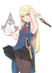 Rule 34 | 1girl, :q, arm up, armpits, assassin&#039;s creed (series), black pantyhose, black skirt, blonde hair, blue eyes, blunt bangs, blush, chinese commentary, closed mouth, commentary request, earrings, fate/grand order, fate (series), gloves, gun, holding, holding gun, holding weapon, jewelry, layered skirt, long hair, looking at viewer, lord el-melloi ii case files, nikuku (kazedesune), panties, panties under pantyhose, pantyhose, pantyshot, reines el-melloi archisorte, sheath, sheathed, shoulder tattoo, skirt, sleeveless, smile, solo, standing, straight hair, stud earrings, sword, tattoo, tongue, tongue out, trigger discipline, underwear, upskirt, weapon, white gloves