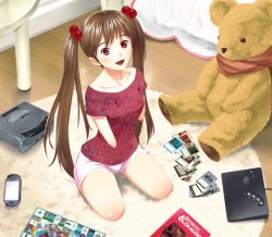 Rule 34 | 1girl, :d, amputee, bedroom, blouse, breasts, brown hair, controller, dry-man, dungeons &amp; dragons, english text, engrish text, from above, game console, game controller, hair bobbles, hair ornament, handheld game console, indoors, joystick, long hair, looking at viewer, magic: the gathering, neo geo, open mouth, original, playstation portable, quadruple amputee, ranguage, red eyes, rug, scarf, shirt, short shorts, shorts, sitting, small breasts, smile, solo, stuffed animal, stuffed toy, teddy bear, trading card, twintails, very long hair, wooden floor