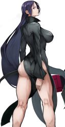 Rule 34 | 1girl, absurdres, ass, back, black dress, breasts, cosplay, dress, fate/grand order, fate (series), highres, long hair, long sleeves, looking at viewer, looking back, low-tied long hair, minamoto no raikou (fate), one-punch man, parted bangs, pelvic curtain, purple eyes, purple hair, simple background, solo, tatsumaki, tatsumaki (cosplay), thighs, very long hair, white background, yoshio (55level)
