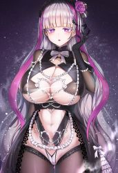 Rule 34 | 1girl, absurdres, bindong, black gloves, blunt bangs, blush, bodysuit, breasts, cameltoe, cleavage cutout, clothing cutout, eternity (last origin), gloves, goth fashion, gothic lolita, hairband, highleg, highres, huge breasts, last origin, lolita fashion, lolita hairband, long hair, looking at viewer, multicolored hair, navel, navel cutout, purple eyes, silver hair, solo, two-tone hair, very long hair, wide hips